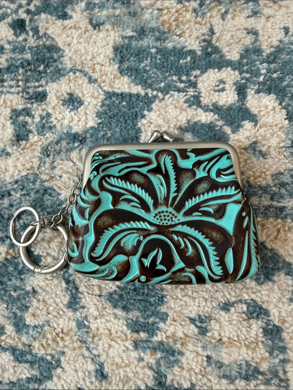 Patricia Nash Turquoise and Brown Floral Kiss-Lock Coin Purse